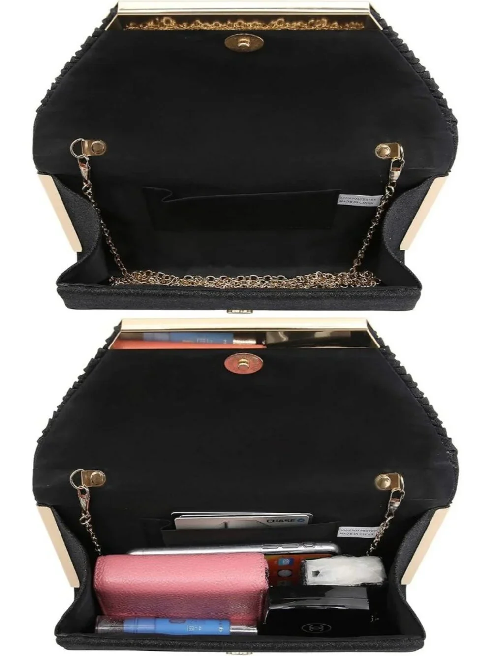 Women's Glitter Black Clutch With Detachable Chain Wedding Formal Evening Bag